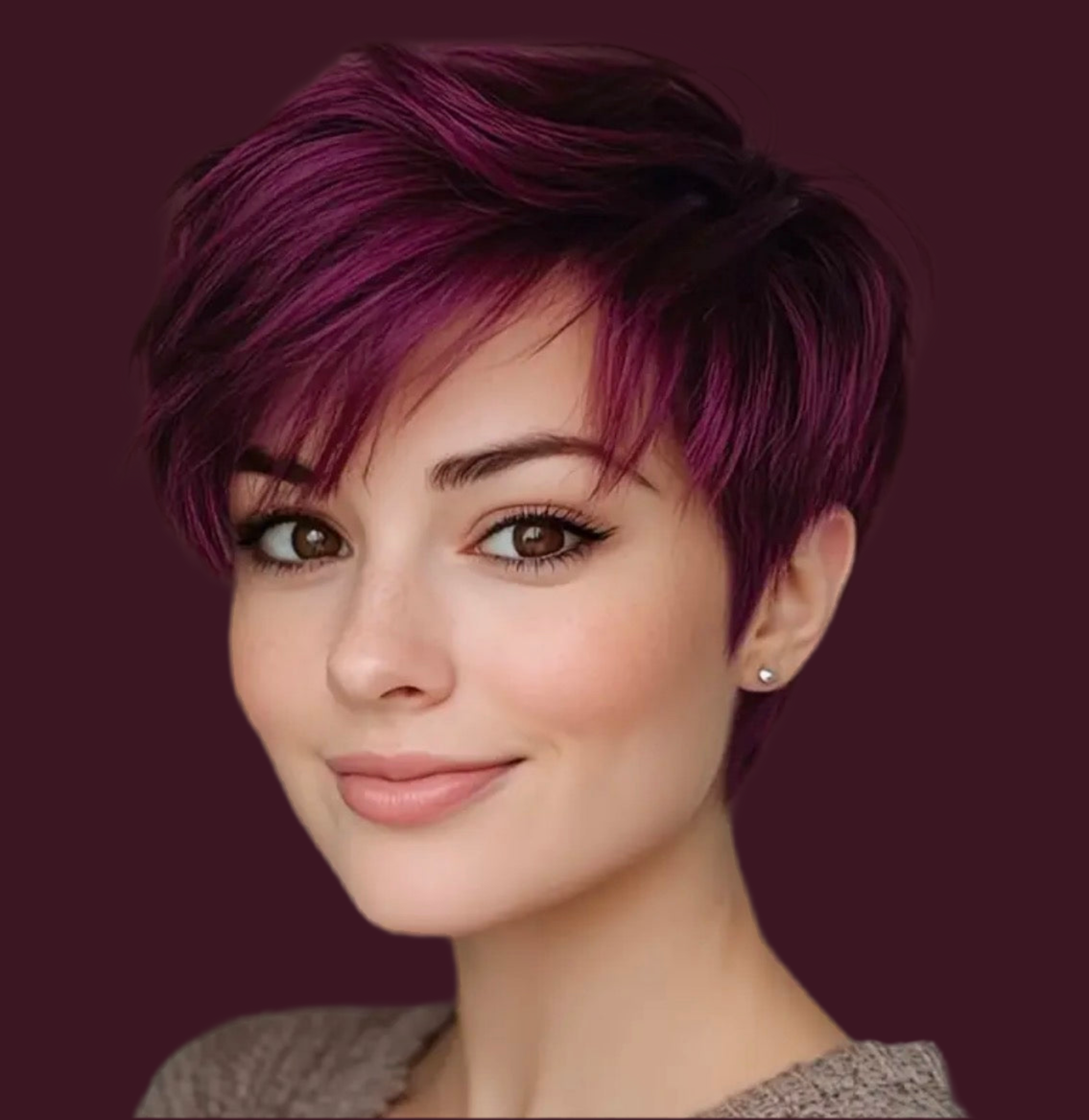 Bronte- Short Layered Straight Wig with Bangs – 150% Density, Glueless Lace Front, 99J Human