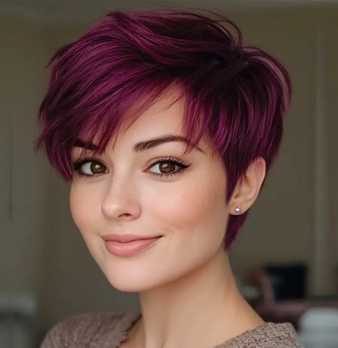 Bronte- Short Layered Straight Wig with Bangs – 150% Density, Glueless Lace Front, 99J Human