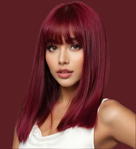 Title:
Burgundy Medium-Length Wig with Bangs – Sleek Synthetic Hair, Effortless Everyday Glam