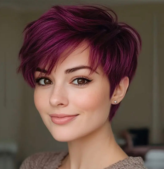 Bronte- Short Layered Straight Wig with Bangs – 150% Density, Glueless Lace Front, 99J Human