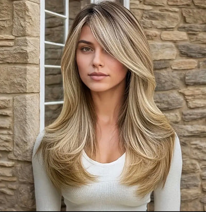 Celeste-Women’s Ombre Wig – Blonde to Light Brown, Heat-Resistant with Fringe