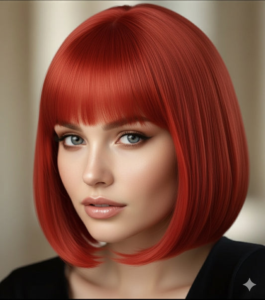 Vibrant Red Bob Wig with Bangs – Heat-Resistant Synthetic Hair, Bold Modern Glam Look