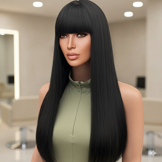 Luxury 28-Inch Sleek Straight Wig with Bangs – Heat-Resistant Synthetic Hair in Natural Black
